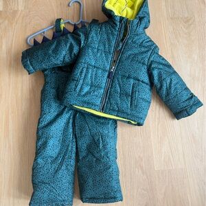 Toddler Teal dinosaur Puffer Snowsuit and jacket with Yellow Lining
